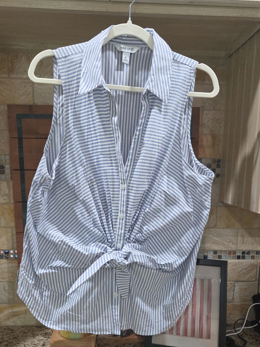 Nine West Light Blue & White Striped Sleeveless Tie-Front Blouse